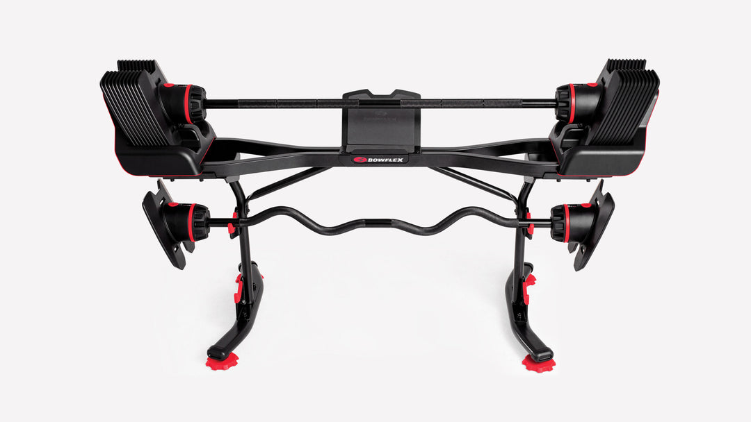 2080 Barbell and Curl Bar shown on optional weight stand