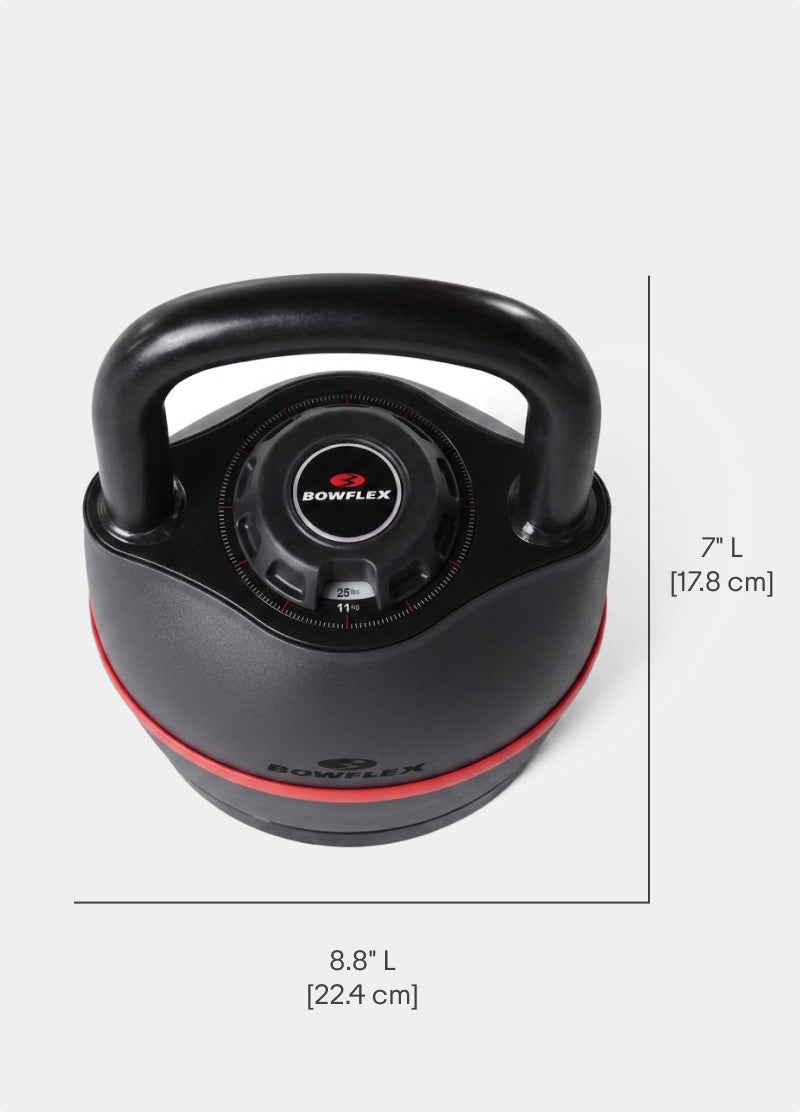 Dimensions for the SelectTech 840 Adjustable Kettlebell top-down view.