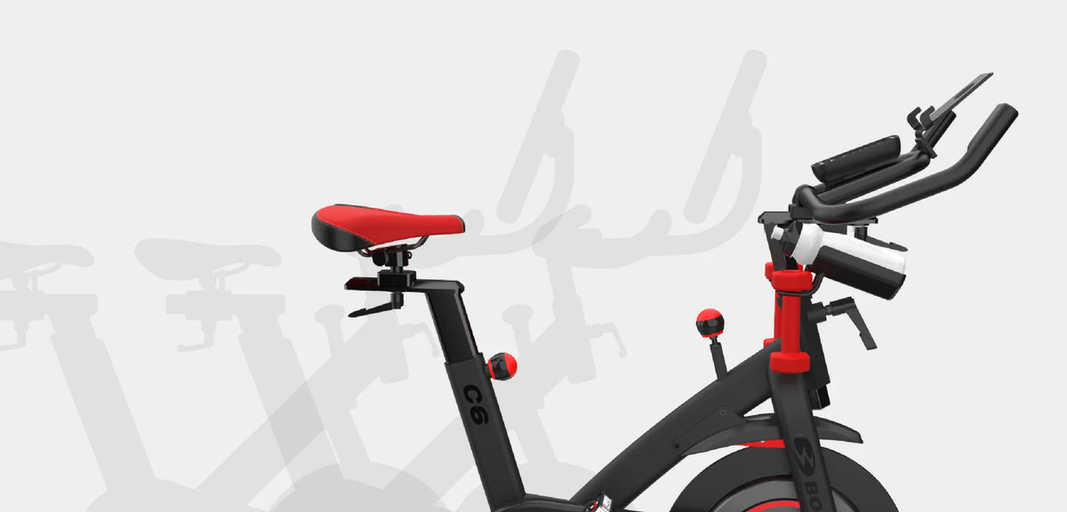 Close-up side view of the top half of the BowFlex C6 Bike.