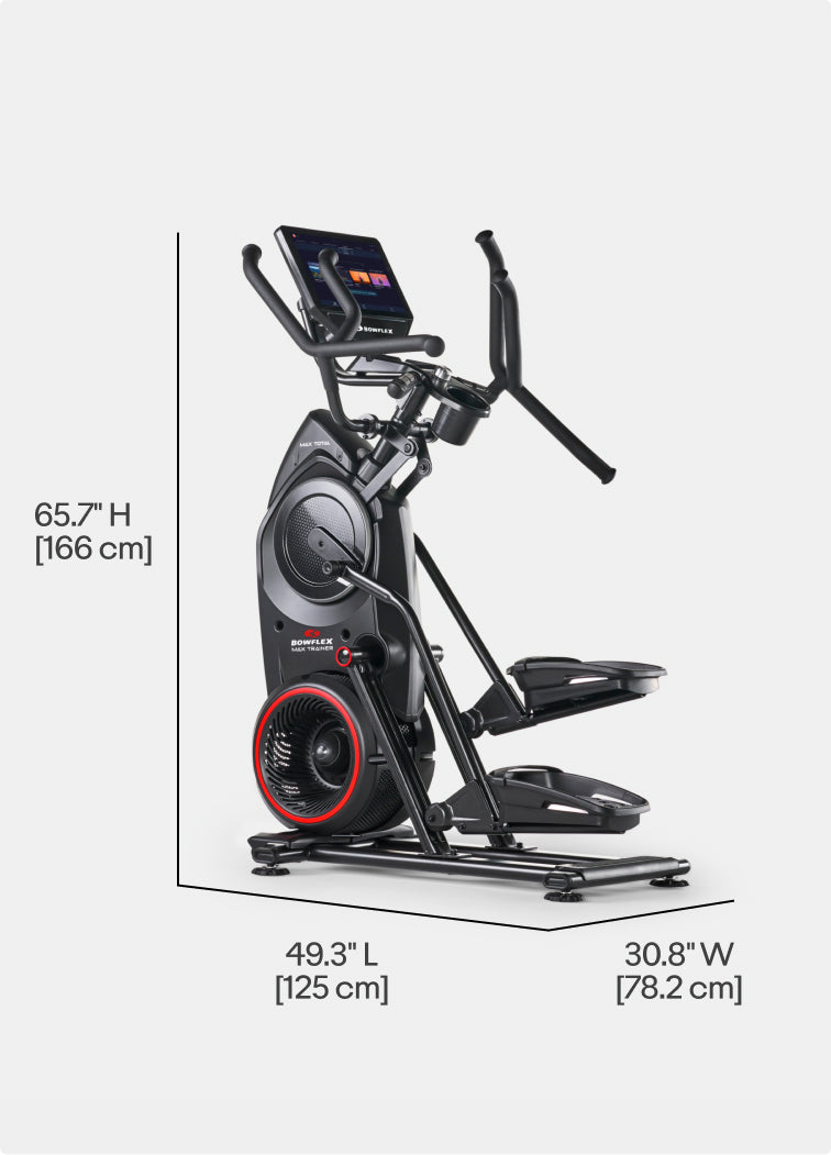 Angled view of the BowFlex Max Total 16 with dimension labels on a white background.