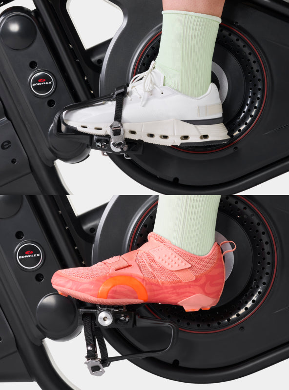 Two views of the BowFlex VeloCore Bike 22 dual sided pedals with toe cages (top image) and SPD clips (bottom image).