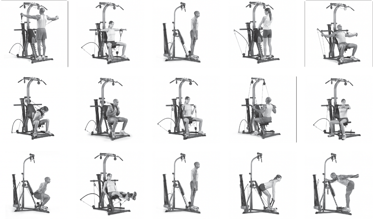 A 15-panel grid showing multiple people using the BowFlex Xtreme 2 SE Home Gym and its attachments to workout in a variety of ways.